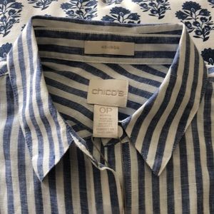 Chico’s No Iron Linen Stripe Short Body Pt Effortless woven Blue/White